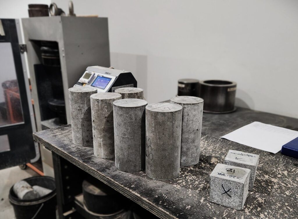 Concrete test cylinders on the bench at an Aitken Rowe laboratory